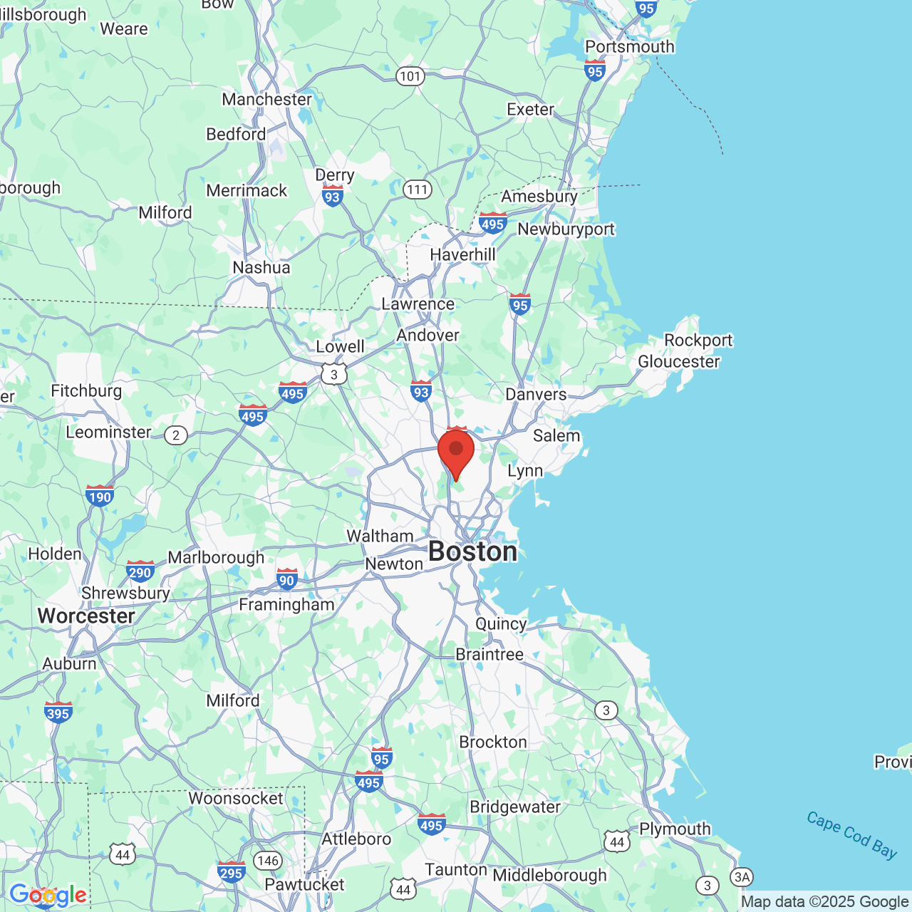 Google map image of our location in 3 Woodland Rd Stoneham, MA